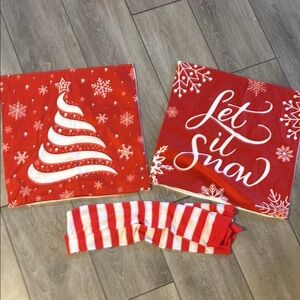 Festive Red Holiday Pillow Covers Set with matching woman’s medium holiday hose